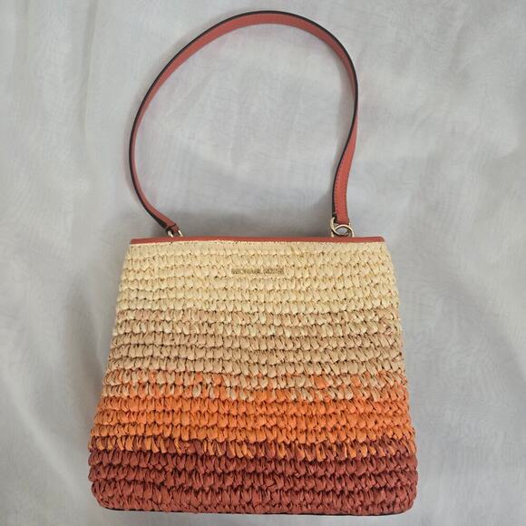 Michael Kors Pratt Medium Ombre Straw Shoulder Bag Red Clay Orange Summer Boho - Picture 4 of 15